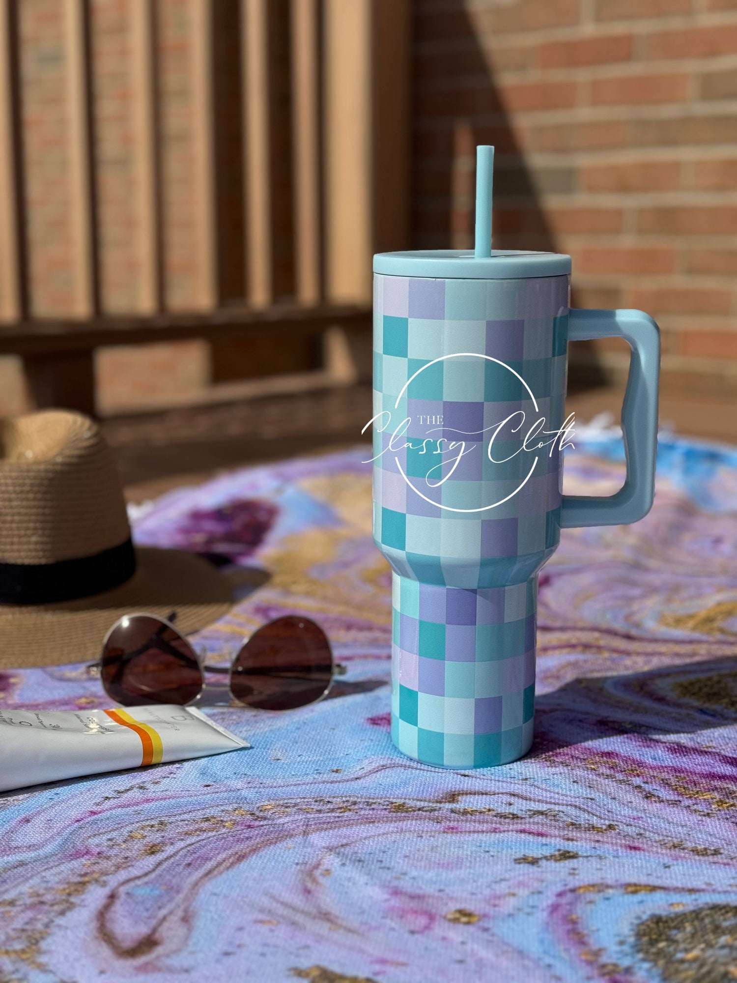 The Classy Cloth- Simple Tumbler 40 oz - Aqua Checkered