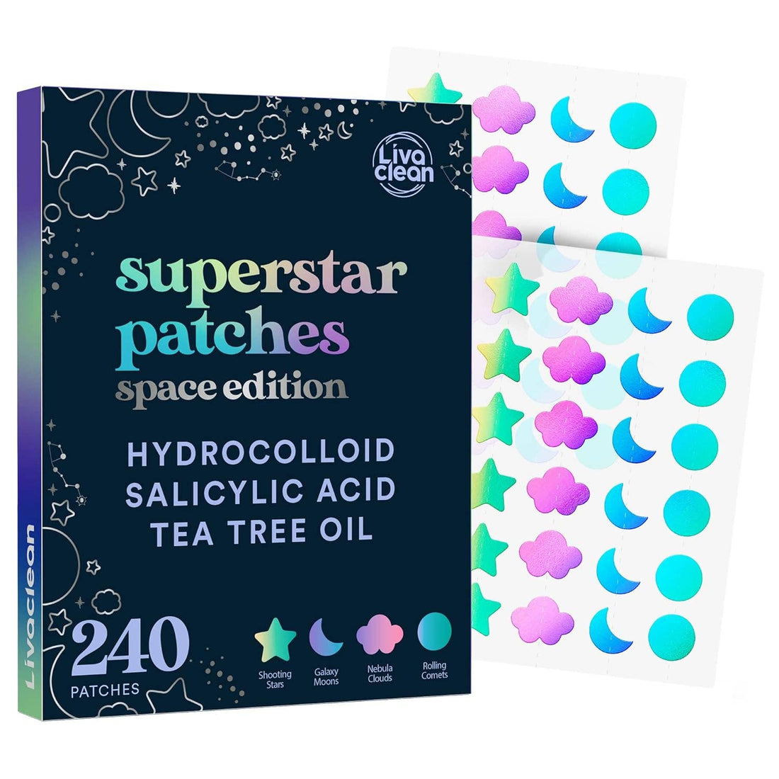 Livaclean - 240 CT Holographic Superstars - Space Edition w/Salicylic Acid &amp; Tea Tree Oil